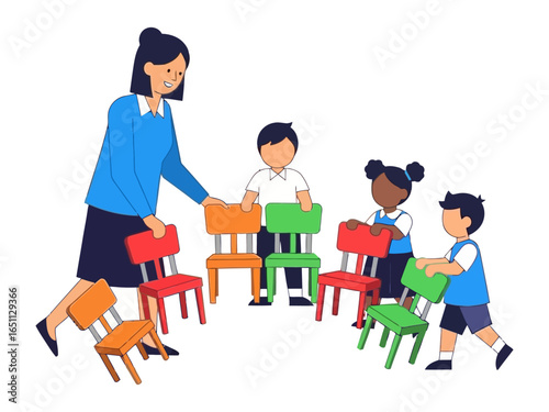 Kindergarten game:A teacher oversees a vibrant game of musical chairs with a diverse group of young children. The scene radiates joy, anticipation, and teamwork.