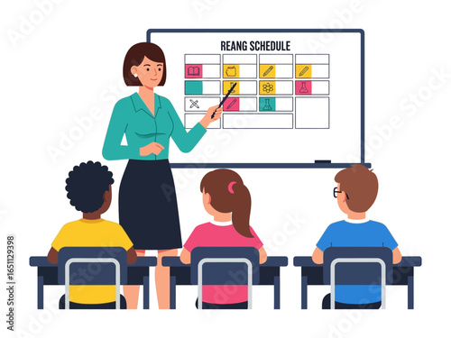 Teacher's Guidance: A vibrant illustration captures a teacher at the front of a classroom, pointing at a schedule, engaging with attentive students, promoting education.