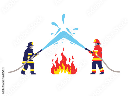 Heroic Firefighters: Two brave firefighters are engaged in the act of extinguishing a fiery blaze, showcasing courage and dedication in a photorealistic scene.