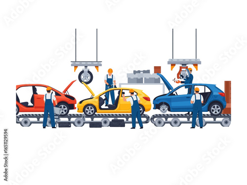 Car Assembly Process: Dynamic vector illustration shows the car assembly line, a vital industry hub where mechanical engineers meticulously bring automobiles to life.
