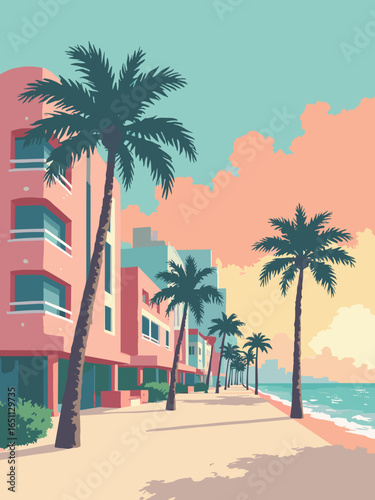 Miami – Art Deco Ocean Drive facades and palm promenade at sunset, palette: pastel pink, aqua teal, coral, sand beige