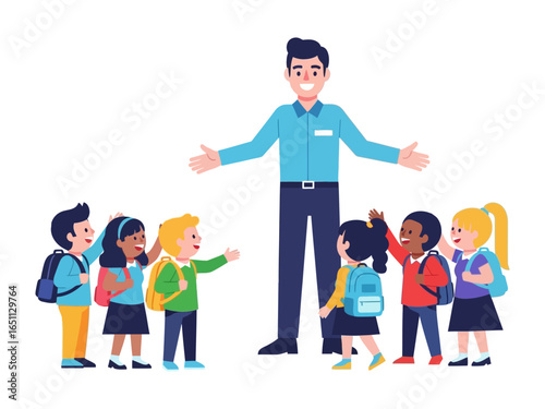 Back to School Harmony: A cheerful teacher welcomes a group of diverse elementary school students, fostering a sense of community and warmth in a vibrant illustration.