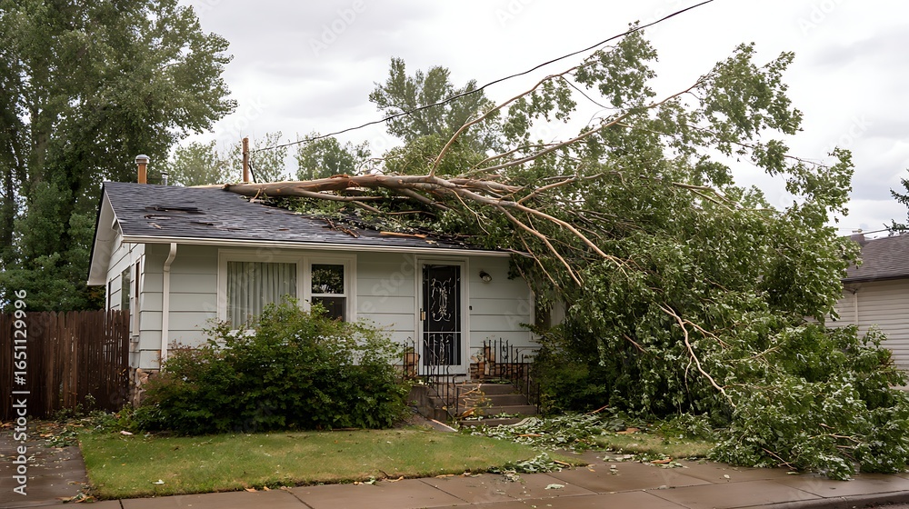 custom made wallpaper toronto digitalAwesome photo of large fallen tree branch crashes through residential roof during severe storm, damaging shingles and structure amid cloudy skies.