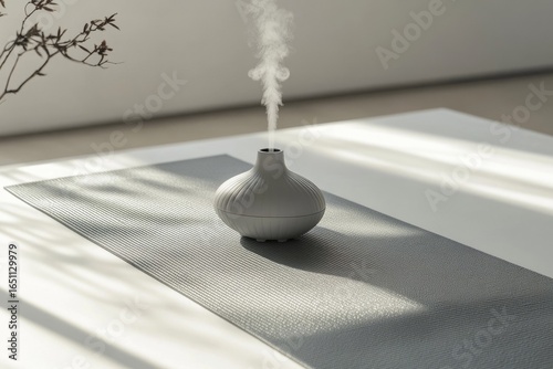 A modern grey humidifier emitting vapor in a minimalist setting, complemented by a decorative branch and textured mat.