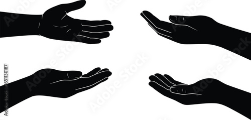 Black silhouette vector illustration of human hands in various open palm gestures, side view, isolated on white background for design, communication, art