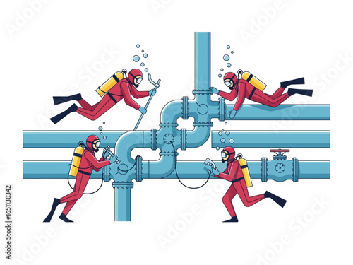 Underwater Pipeline Inspection: Four divers in vibrant red suits meticulously inspect and maintain an intricate network of underwater pipelines, showcasing expertise in infrastructure.