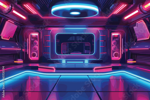 Concert stage with screen. Podium illuminated by spotlights. Platform for music festivals, shows, performances and presentations. Scene with musical equipment. Cartoon flat vector illustration