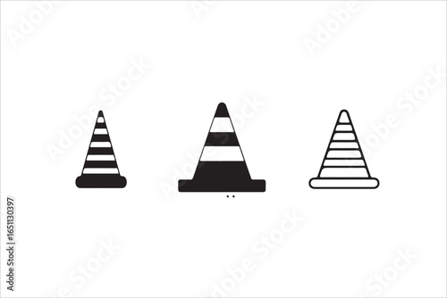 Three simple black and white traffic cone icons for various design uses.