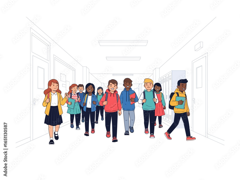 Fototapeta premium School Days' March: A vibrant illustration capturing the energy of diverse students striding down a hallway, backpacks swinging, as they embark on their day's adventures.
