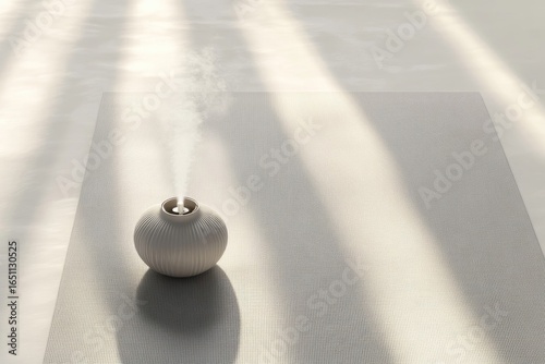 A ceramic diffuser releases a mist on a textured surface, bathed in soft, patterned sunlight, creating a calming atmosphere.