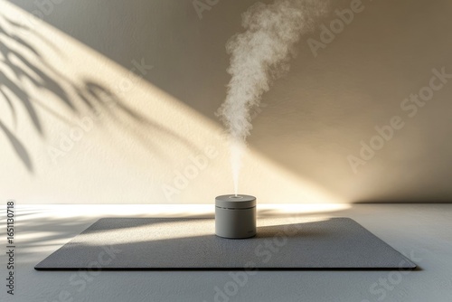 A modern humidifier emits vapor on a gray mat, illuminated by sunlight and leaf shadows against a neutral wall.