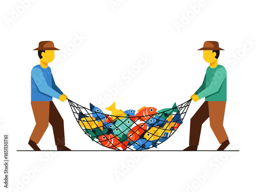 Two fishermen hauling in a bountiful catch of colorful fish, symbolizing abundance and livelihood. 