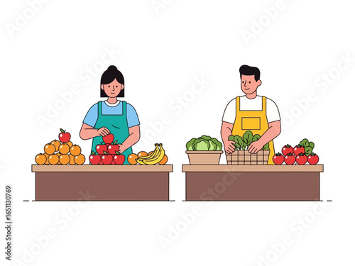 Fresh Harvest: Illustrative depiction of vendors preparing and organizing fresh produce like tomatoes, oranges, bananas, and greens.