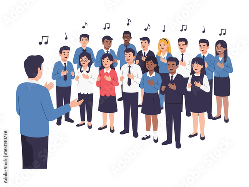Musical Ensemble: A vibrant ensemble of individuals, led by a conductor, harmonizes in a captivating choral performance, surrounded by floating musical notes and rendered in vivid illustrative detail.