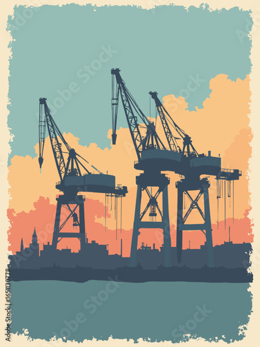 Belfast – Titanic Quarter slipways and Harland & Wolff cranes framed at dusk, palette: shipyard gray, rust orange, sea teal, cream