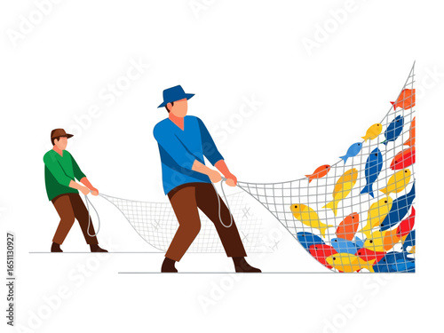 Fisherman's Bounty: Two fishermen working together, pulling a vibrant fishing net bursting with colorful fish, showcasing the rewarding nature of their labor.