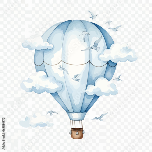 Tableau sur toile Whimsical watercolor hot air balloon in soft blue and white floating among clouds and birds