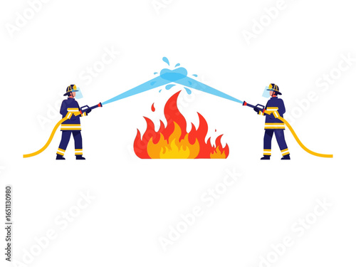 Heroic Firefighters at Work: Two valiant firefighters courageously battle a raging fire with powerful water hoses, symbolizing bravery and dedication to safeguarding lives and property.