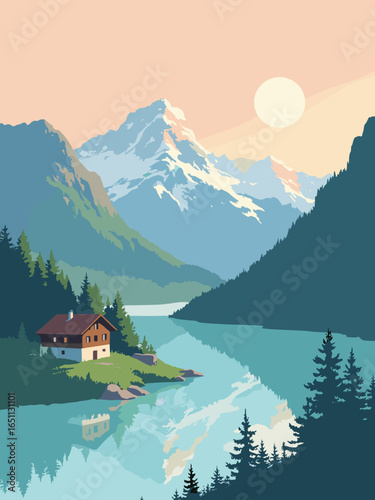 Interlaken – Mountain pass view between lakes with alpine lodges, palette: glacier blue, pine green, chalet brown, sky peach
