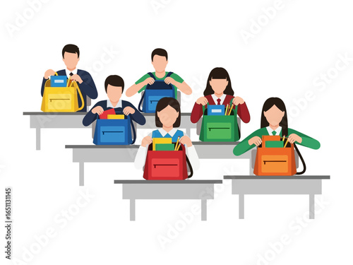 Backpack and Student Focus: This vibrant vector illustration showcases a diverse group of students at desks, diligently examining the contents of their backpacks, representing education, preparation.