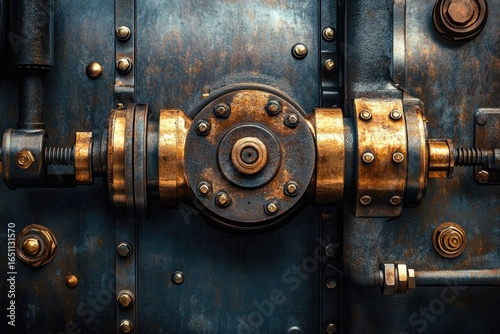 Detailed shot of a steampunk-style mechanism with brass and metal components, showing signs of wear and intricate design.