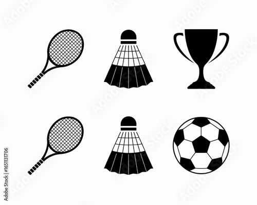 Collection of sports equipment icons including tennis rackets badminton shuttlecocks trophy and soccer ball silhouette isolated on white background