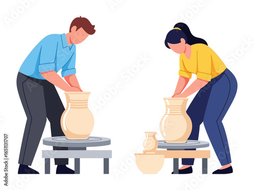 Crafting Harmony: Two individuals sculpt pottery, their hands molding clay on the wheel, illustrating the artistic process of ceramics, creating the essence of craftsmanship and creativity.