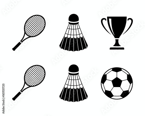 Collection of sports equipment icons tennis badminton shuttlecock trophy and soccer ball silhouette isolated on white background