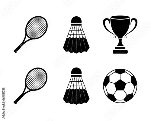 Collection of sports equipment and trophy icons silhouette isolated on white background