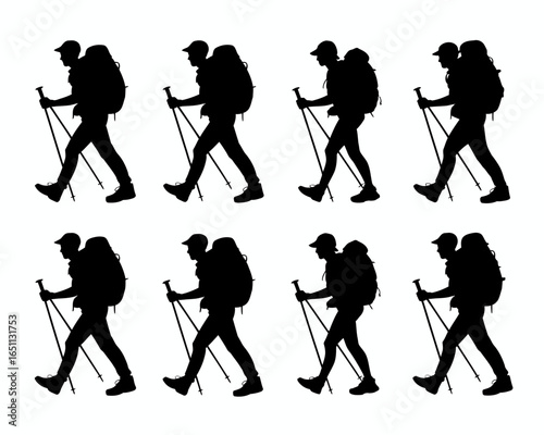 Eight silhouette hikers with backpacks and poles walking isolated on white background