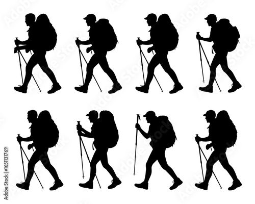 Eight silhouette hikers with backpacks and poles walking isolated on white background