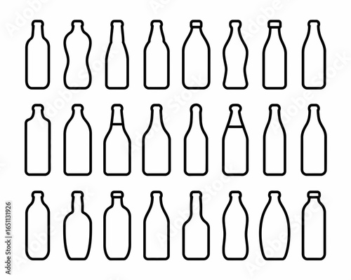 Collection of diverse bottle silhouettes in a row isolated on white background