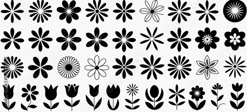Collection of diverse black flower silhouettes isolated on white background silhouette
