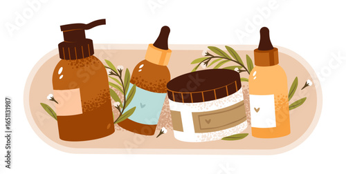 Makeup and skincare products. Cream and serum for facial care.  Beauty cosmetology concept. Flat vector illustration set.