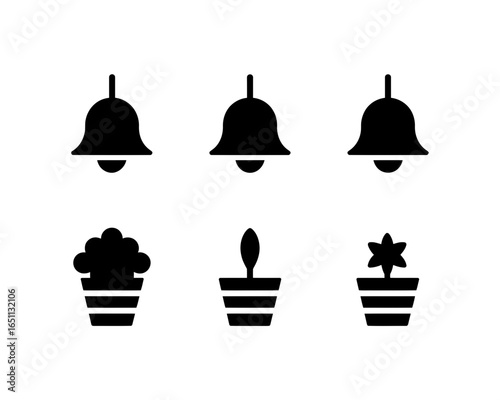 Collection of bell and potted plant icons silhouette isolated on white background
