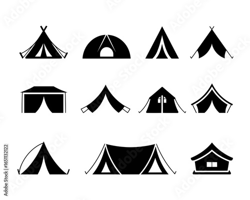 Collection of various tent silhouettes isolated on white background