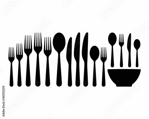 Collection of black silhouettes of cutlery and a bowl isolated on white background silhouette