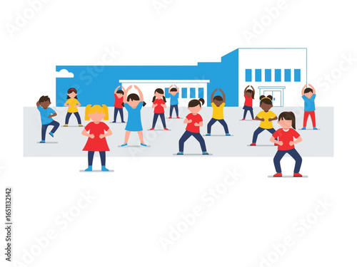 Youngsters' Exercise Routine: In an expansive open area, a group of children, diverse in age, engage in various exercises, enhancing their bodies and vitality for an energized day.