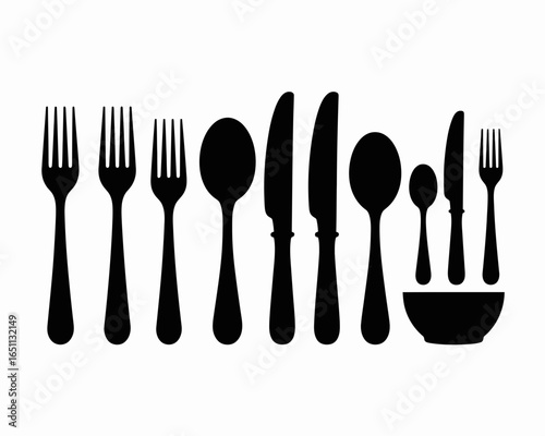 Collection of cutlery and a bowl in silhouette isolated on white background