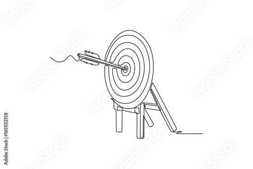 Continuous line drawing of a single arrow hits the center of a target. Symbolizing precision, a perfect shot, and the successful achievement of a goal. One line draw graphic design vector illustration