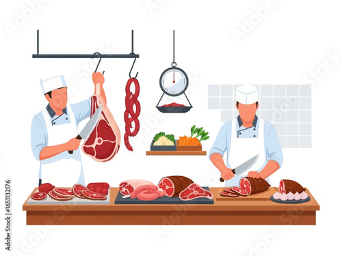 Butchers at Work: This scene presents two skilled butchers meticulously preparing an array of fresh meats in a clean and well-organized butchery, showcasing culinary expertise.