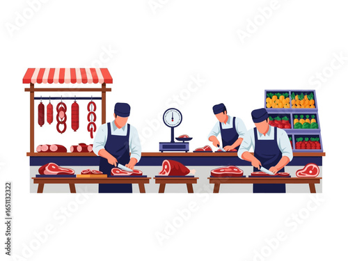 Artisanal Butcher Shop: Illustrative scene depicts butchers skillfully preparing meat, a testament to the time-honored craft of butchery, a visual feast that celebrates culinary excellence. 