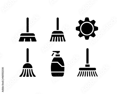 Collection of cleaning tools and gear icons silhouette isolated on white background