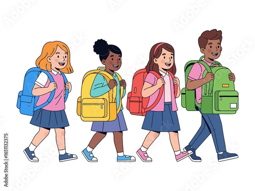 Back to School: Four diverse students, each with a colorful backpack, joyfully embark on their educational journey, representing the promise of learning. 