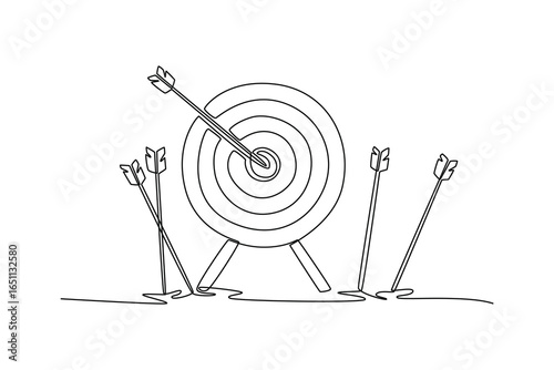 One line drawing of target with a bullseye arrow and several missed arrows. Symbolizing success, failure, and the concept of hitting your goals. Continuous line draw design graphic vector illustration