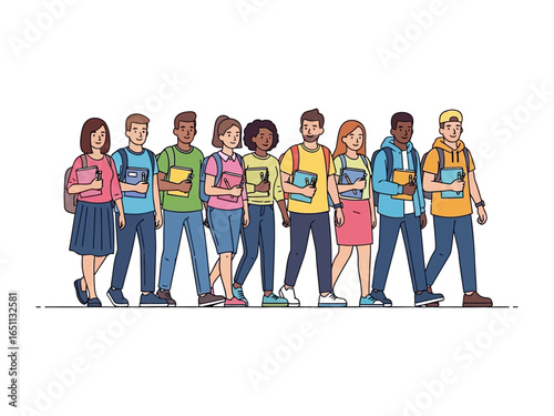 Unity in Motion: A group of diverse students stroll forward together with bags and books, radiating anticipation, energy and collective determination, towards their shared goals. 