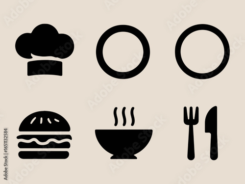 Collection of food and restaurant icons including chef hat burger bowl and cutlery isolated on white background silhouette