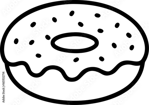 Whimsical illustration of a delicious round donut adorned with vibrant pink frosting and a generous scattering of colorful festive sprinkles perfect for sweet treat designs