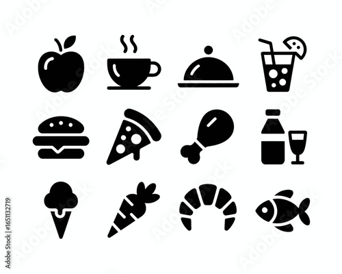 Collection of food and drink icons silhouette isolated on white background