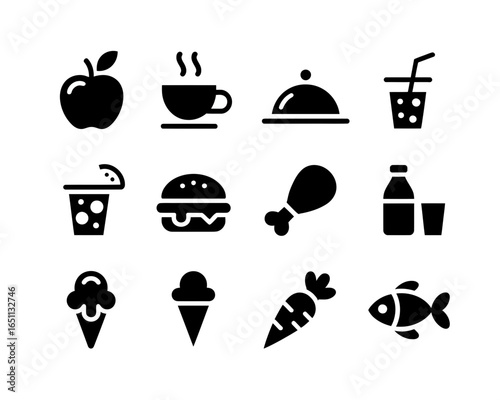 Collection of food and drink icons silhouette isolated on white background